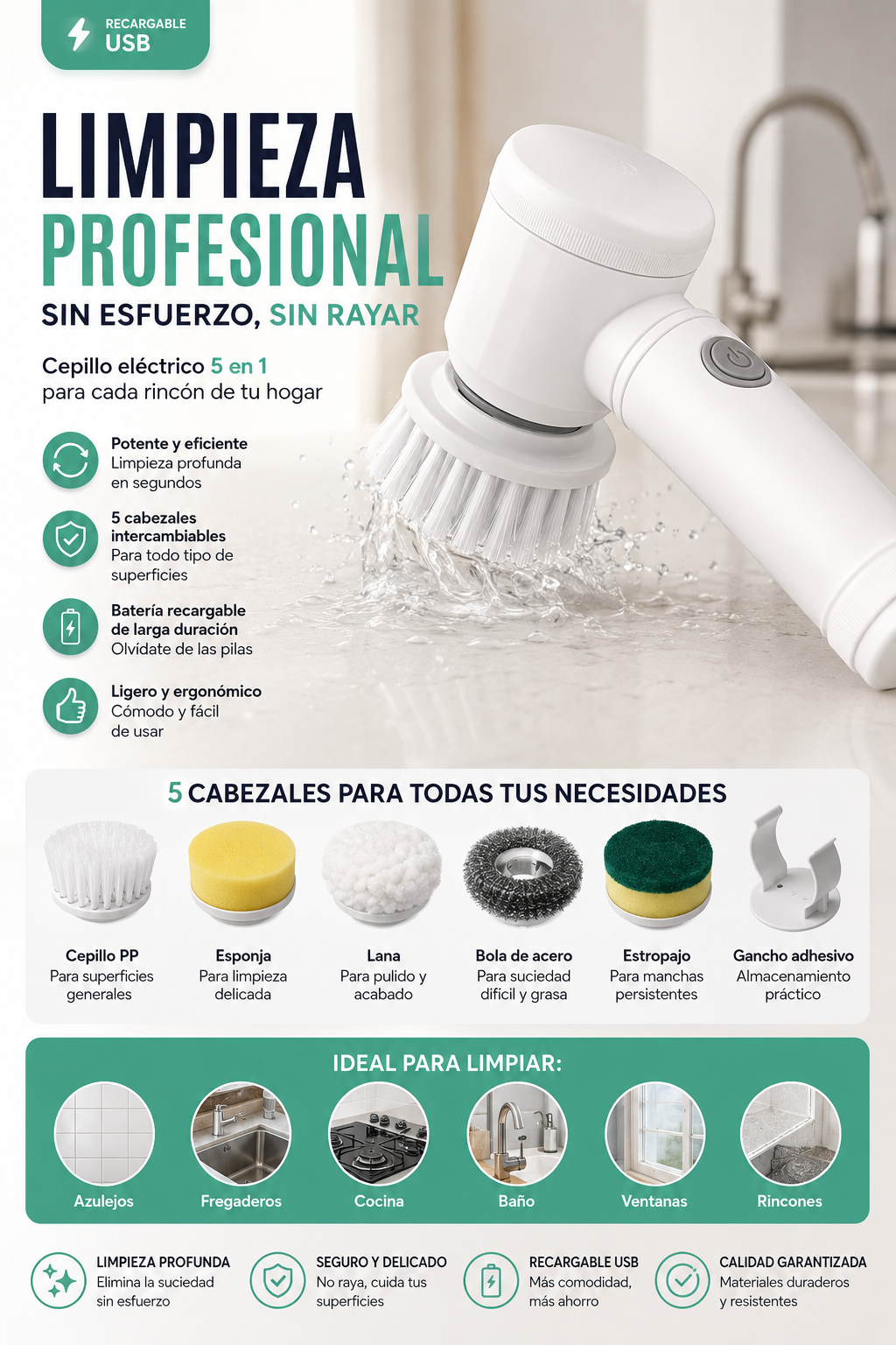 CleanPro™ 5 en 1 — Cepillo Eléctrico de Limpieza Multisuperficie