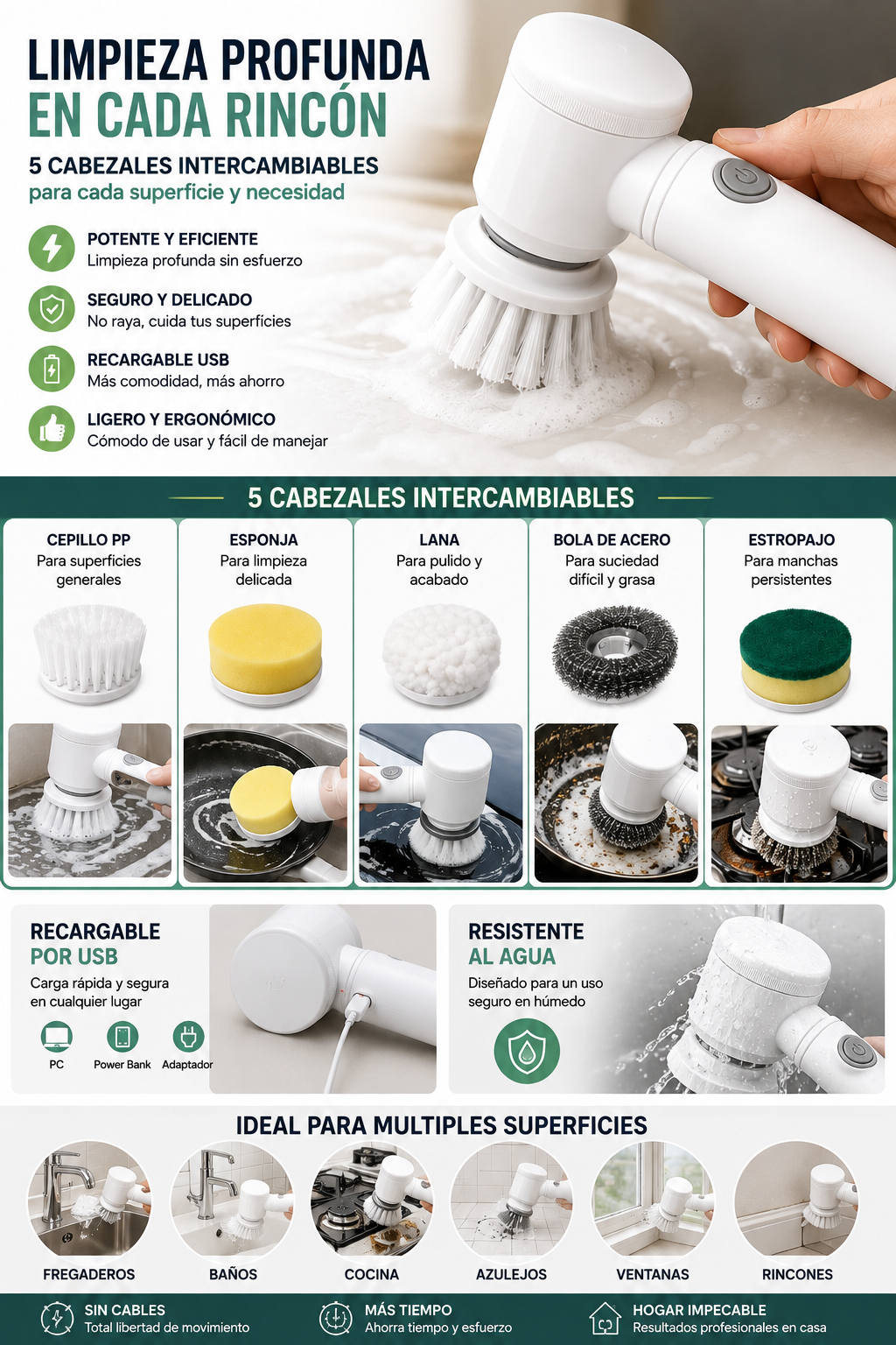 CleanPro™ 5 en 1 — Cepillo Eléctrico de Limpieza Multisuperficie